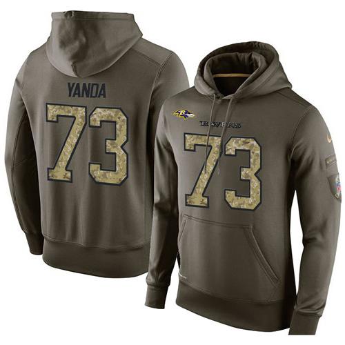 NFL Men's Nike Baltimore Ravens #73 Marshal Yanda Stitched Green Olive Salute To Service KO Performance Hoodie